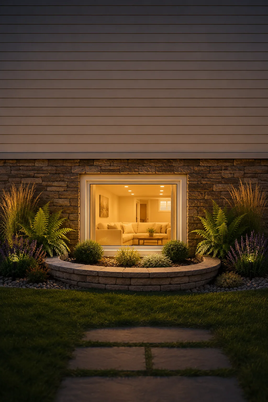 Egress window and stone window well lit at dusk, seen from the yard