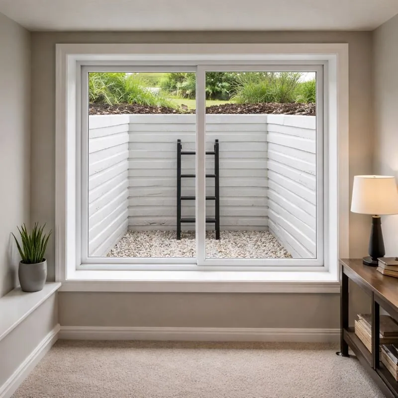 Basement window well with an egress ladder and gravel base